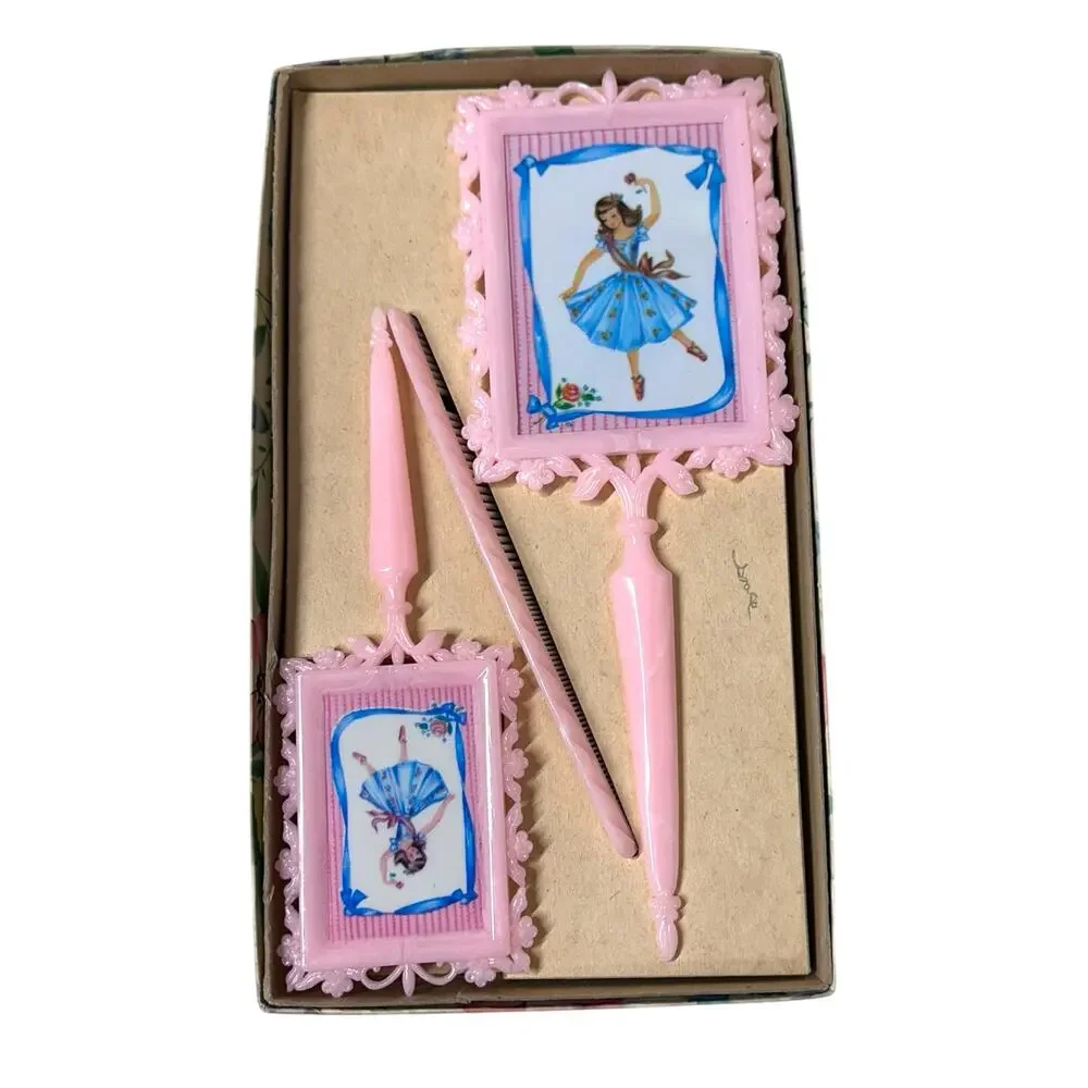 Vintage Childs Dresser Vanity Set Mirror Comb Brush W/ Original Box from‎ 1950’s